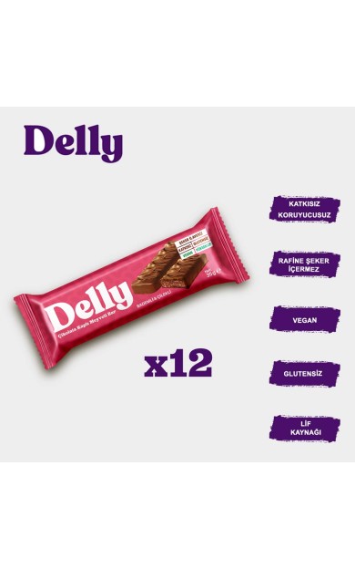 Delly Çikolata Kaplı - Bademli &amp; Çilekli Meyveli Bar 35g X 12 Adet