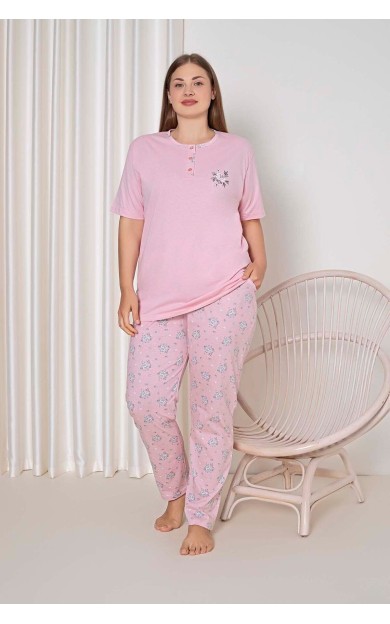 Ahengim Kadın Pijama Takımı Battal Süprem Kısa Kollu Küçük Çiçek Desenli W40092348 Pembe