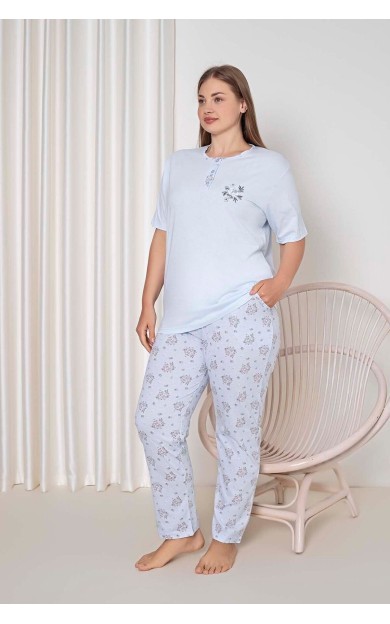 Ahengim Kadın Pijama Takımı Battal Süprem Kısa Kollu Küçük Çiçek Desenli W40092348 MAVİ