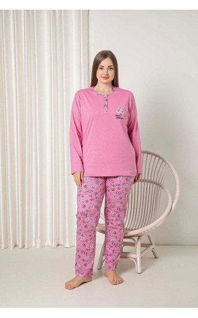 Ahengim Kadın Pijama Takımı Battal Süprem Uzunkol Küçük Çiçek Desenli Pamuklu W40062341 Pembe