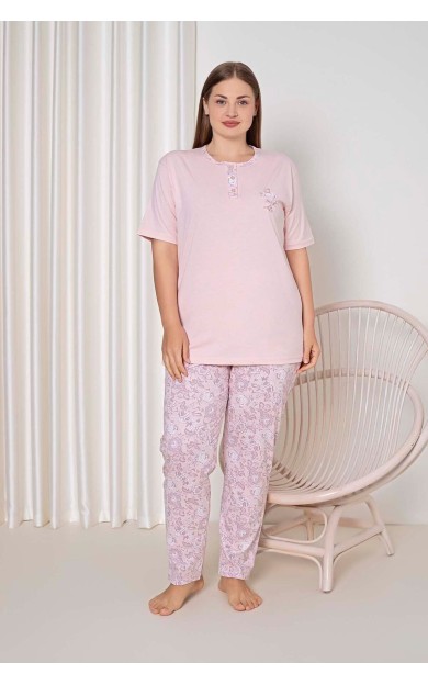 Ahengim Kadın Pijama Takımı Battal Süprem Kısa Kollu Büyük Gül Desenli Pamuklu W40052349 Pembe