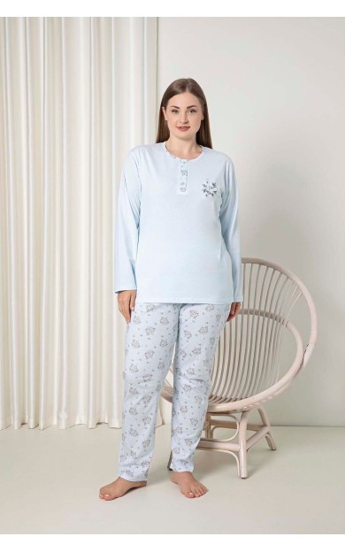 Ahengim Kadın Pijama Takımı Battal Süprem Uzunkol Çiçek Desenli W40082342 MAVİ