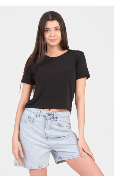 As Collection Siyah Bisiklet Yaka Kısa Kol Sandy Kadın Crop