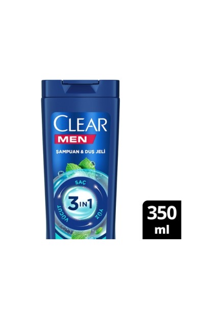 Clear Men 3 İn 1 Şampuan & Duş Jeli Ferahlatıcı Mentol 350 Ml