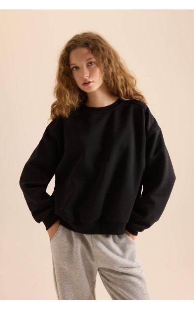 Coool Oversize Fit Geniş Kalıp Bisiklet Yaka Basic Düz Kalın Kumaş Siyah Sweatshirt