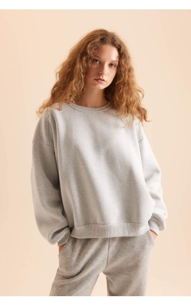 Coool Oversize Fit Geniş Kalıp Bisiklet Yaka Basic Düz Kalın Kumaş Gri Sweatshirt