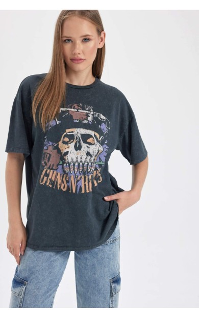 DeFactoFit Coool Guns N' Roses Oversize Fit Bisiklet Yaka Baskılı Kısa Kollu Tişört