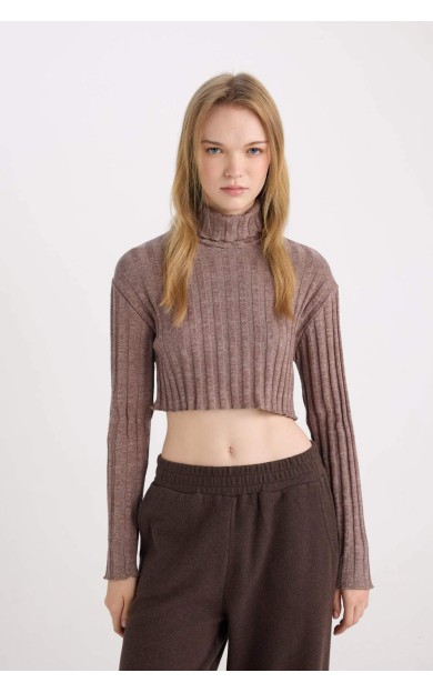 Coool Balıkçı Yaka Crop Top Basic Düz Fitilli Kaşkorse Uzun Kollu Tişört