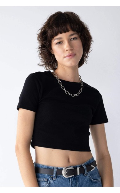 DeFactoFit Coool Fitted Basic Kısa Kollu Crop Tişört Siyah