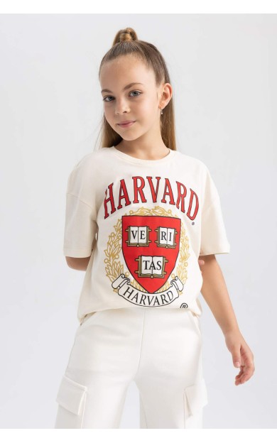 DEFACTO Kız Çocuk Harvard University Oversize Fit Kısa Kollu Tişört