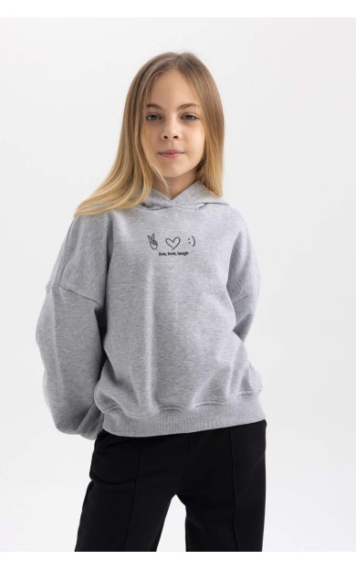 DeFactoFit Kız Çocuk Oversize Fit Kapüşonlu İçi Yumuşak Tüylü Kalın Sweatshirt Kumaşı Sweatshirt