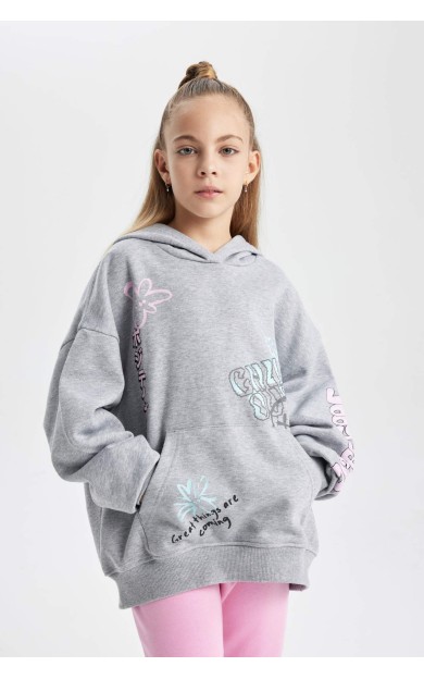 DeFactoFit Kız Çocuk Oversize Fit Kapüşonlu İçi Yumuşak Tüylü Kalın Sweatshirt Kumaşı Sweatshirt