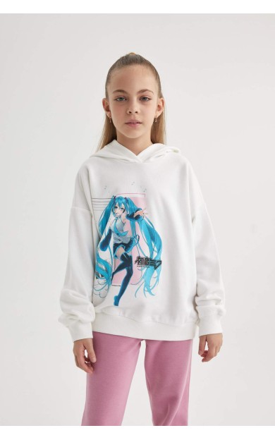 DeFactoFit Kız Çocuk Hatsune Miku Oversize Fit Kapüşonlu Sweatshirt