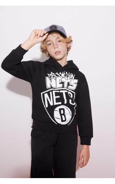 DeFactoFit Erkek Çocuk NBA Brooklyn Nets Regular Fit Kapüşonlu Kalın Sweatshirt Kumaşı Sweatshirt