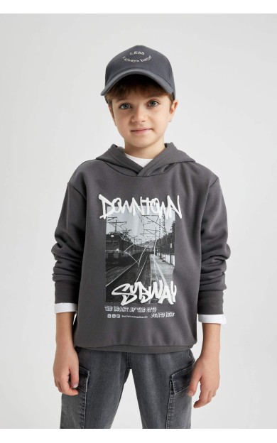 DeFactoFit Erkek Çocuk Kapüşonlu Baskılı Kalın Sweatshirt