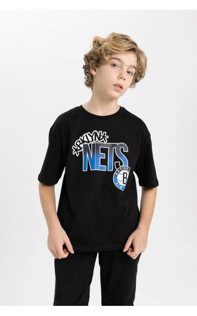 DeFactoFit Erkek Çocuk NBA Brooklyn Nets Oversize Fit Bisiklet Yaka Tişört