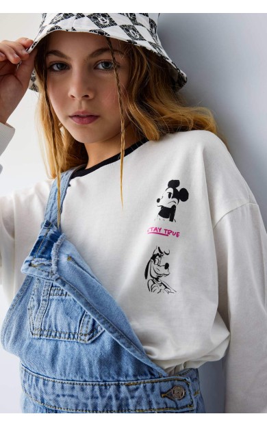 DeFactoFit Kız Çocuk Disney Mickey & Minnie Crop Bisiklet Yaka Penye Uzun Kollu Tişört