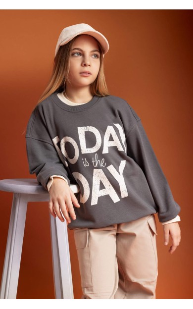 DeFactoFit Kız Çocuk Oversize Fit Bisiklet Yaka Sweatshirt