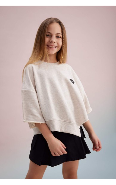 DeFactoFit Kız Çocuk Crop Bisiklet Yaka Chest Right Sweatshirt