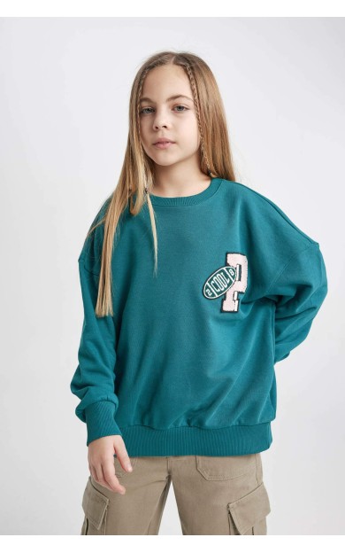 DeFactoFit Kız Çocuk Oversize Fit Bisiklet Yaka Sweatshirt