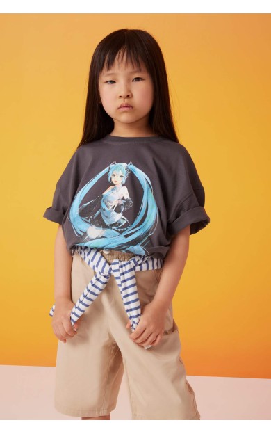 DeFactoFit Kız Çocuk Hatsune Miku Oversize Fit Kısa Kollu Tişört