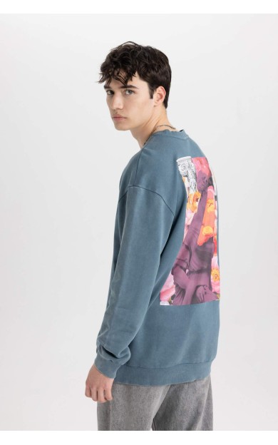 Comfort Fit Bisiklet Yaka Floral Baskılı Yıkamalı Sweatshirt