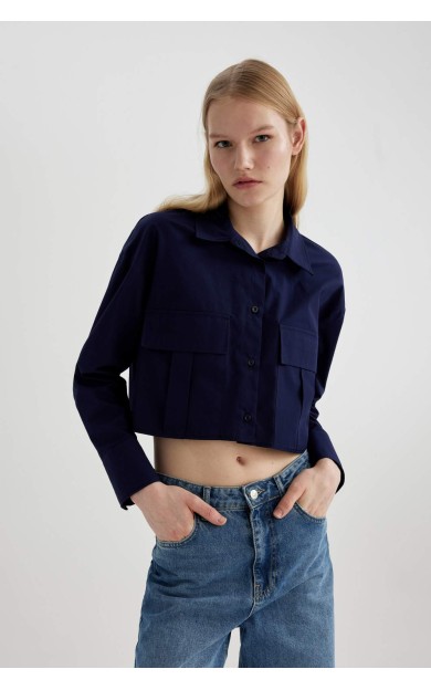 DeFactoFit Crop Basic Poplin Uzun Kollu Gömlek