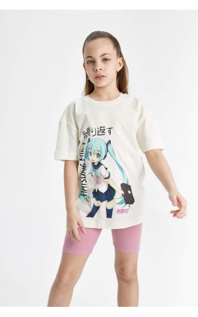 DeFactoFit Kız Çocuk Hatsune Miku Oversize Fit Kısa Kollu Tişört