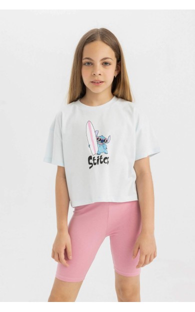 DeFactoFit Kız Çocuk Disney Lilo &amp; Stitch Crop Kısa Kollu Tişört