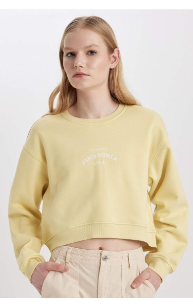 DeFactoFit Boxy Fit Bisiklet Yaka Baskılı Crop Sweatshirt