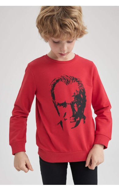 DeFactoFit Erkek Çocuk Atatürk Baskılı Bisiklet Yaka Sweatshirt Kırmızı