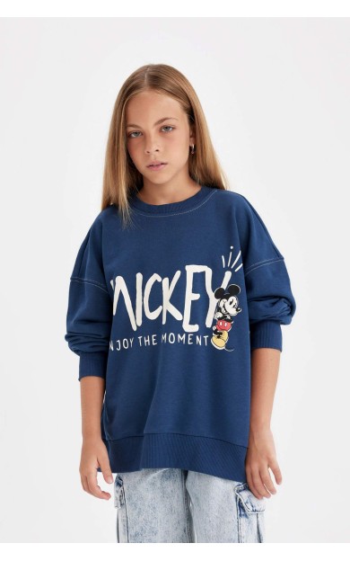 DeFactoFit Kız Çocuk Disney Mickey &amp; Minnie Oversize Fit Bisiklet Yaka Sweatshirt