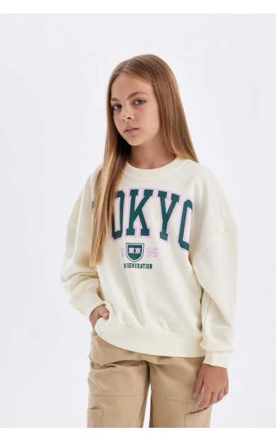 DeFactoFit Kız Çocuk Oversize Fit Bisiklet Yaka Üniversite Baskılı Sweatshirt