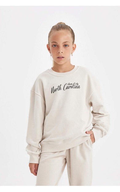 DeFactoFit Kız Çocuk Bisiklet Yaka Baskılı Sweatshirt