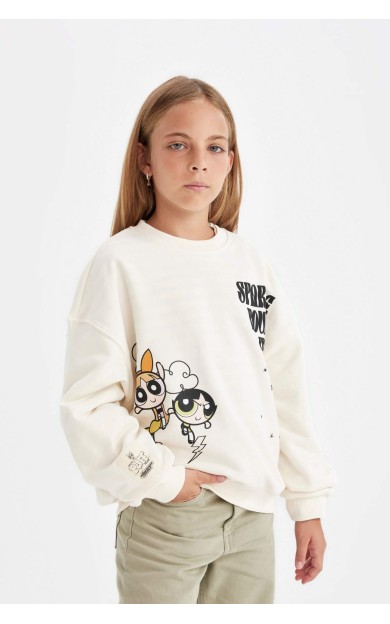 DeFactoFit Kız Çocuk PowerPuff Girls Oversize Fit Bisiklet Yaka Sweatshirt