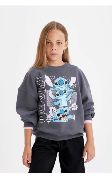 DeFactoFit Kız Çocuk Disney Lilo &amp; Stitch Oversize Fit Bisiklet Yaka Sweatshirt