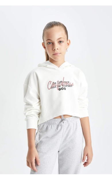 DeFactoFit Kız Çocuk Oversize Fit Kapüşonlu Slogan Baskılı Sweatshirt