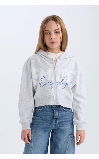 Kız Çocuk Baskılı Kapüşonlu İçi Yumuşak Tüylü Fermuarlı Sweatshirt