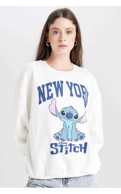 Coool Disney Lilo &amp; Stitch Oversize Fit Bisiklet Yaka Baskılı Kalın Kumaş Sweatshirt