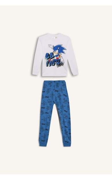 Erkek Çocuk 2'li Pijama Takımı Sonic the Hedgehog Regular Fit Bisiklet Yaka Uzun Kollu Tişört Uzun Alt