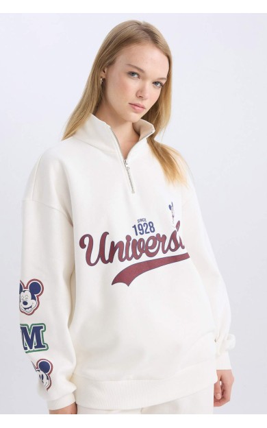 Coool Disney Mickey &amp; Minnie Oversize Fit Yarım Fermuarlı Baskılı Kalın Kumaş Sweatshirt