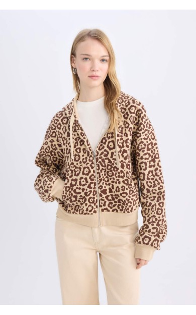 Coool Loose Fit Leopar Desenli Kapüşonlu Fermuarlı Sweatshirt