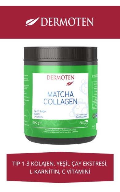 Dermoten Matcha Collagen (Tip I & Tip III Kolajen, Matcha, L-Karnitin) 300 G