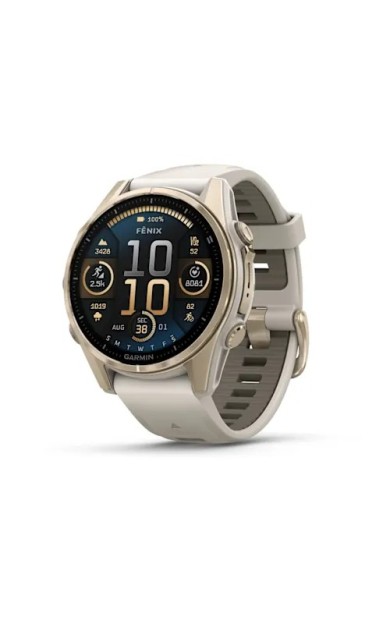 Garmin Fenix 8 - 43 mm AMOLED Sapphire Soft Gold ve Gri/Kum Taşı Silikon Kayışlı