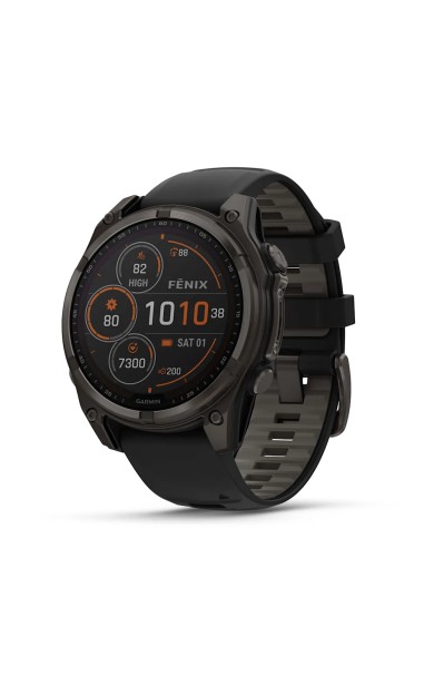 Garmin Fenix 8 - 47 mm Solar Sapphire Karbon Gri DLC Titanyum Siyah/Gri Silikon Kayışlı