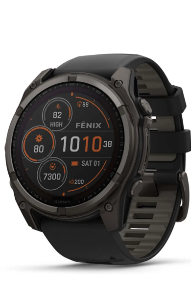 Garmin Fenix 8 – 51 mm Solar Sapphire Karbon gri DLC titanyum ve Siyah/çakıl grisi silikon kayış