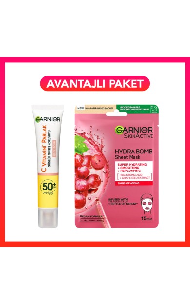 Garnier C Vitamini Parlak Günlük UV Korumalı Güneş Yüz Kremi Işıltılı Doku SPF50+ 40ml + Nem Bombası Üzüm Çekirdeği Ö Maske