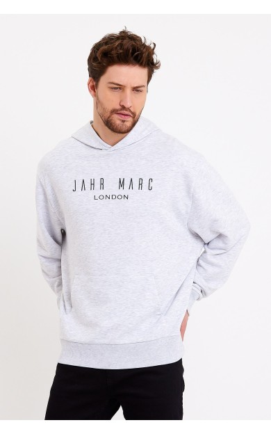 JAHR MARC Baskılı Kapüşonlu Gri Oversize Erkek Sweatshirt