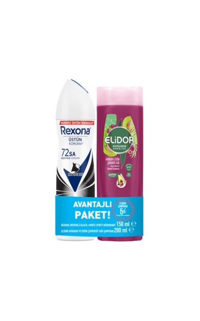 Rexona 150 Ml Deodorant Black & White + Elidor 200 Ml Şampuan Avokado ve Üzüm Çekirdeği Yağı