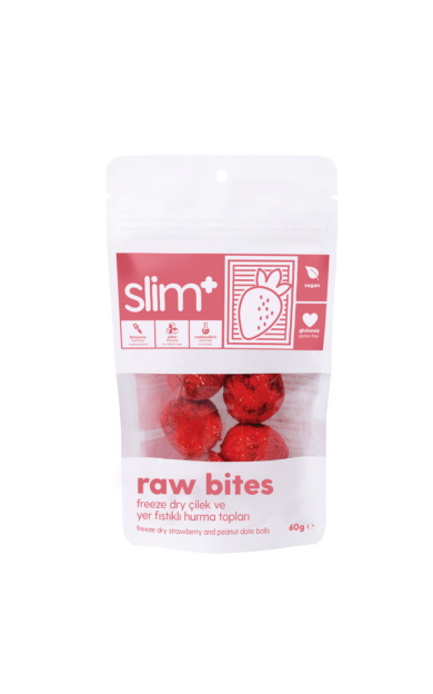 SLİMPLUS Freeze Dry Çilek Kaplı Glutensiz Raw Bites Hurma Topları 60g